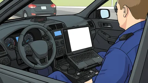 A flat vector illustration of a police badge resting on a desk next to a stack of paper case files.