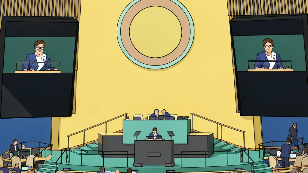 A large, circular assembly hall with tiered seating and a central podium