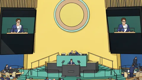 A large, circular assembly hall with tiered seating and a central podium