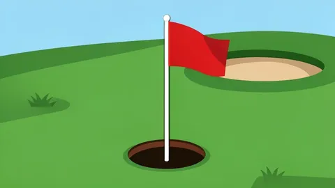 A manicured golf course fairway with sand bunkers and a distant flagstick