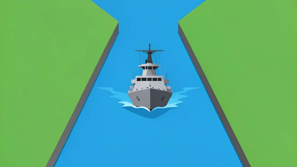 A naval warship navigating a narrow strait between two landmasses