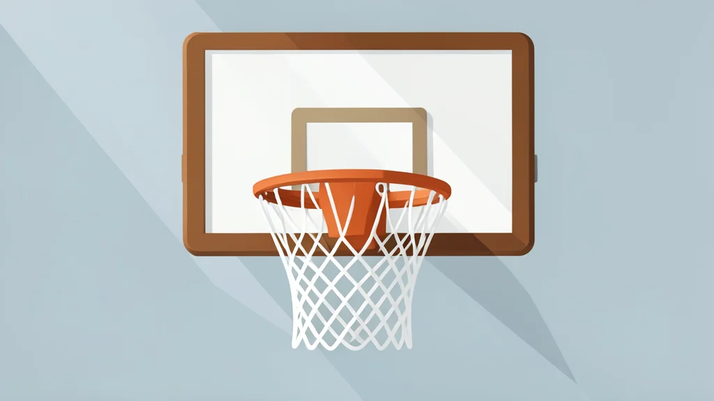 A wooden basketball hoop with a white net hanging from a backboard in an indoor arena
