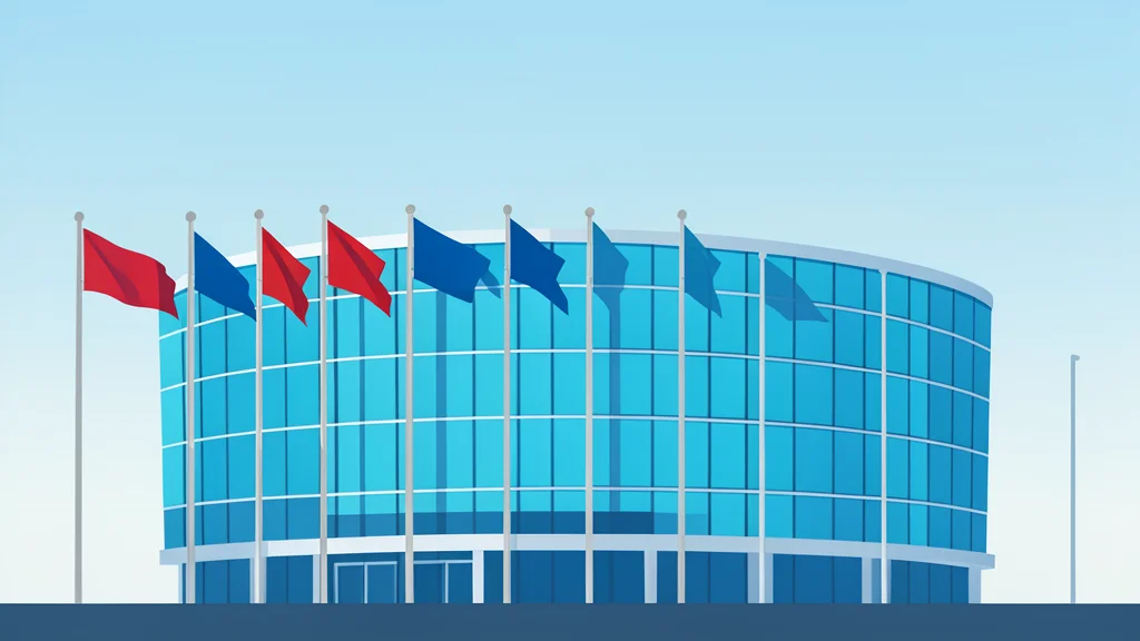 A stylized vector illustration of the curved glass facade of the United Nations headquarters with flagpoles in the foreground.