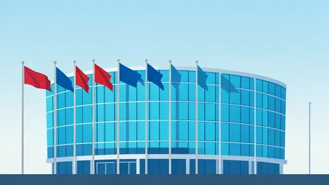 A stylized vector illustration of the curved glass facade of the United Nations headquarters with flagpoles in the foreground.