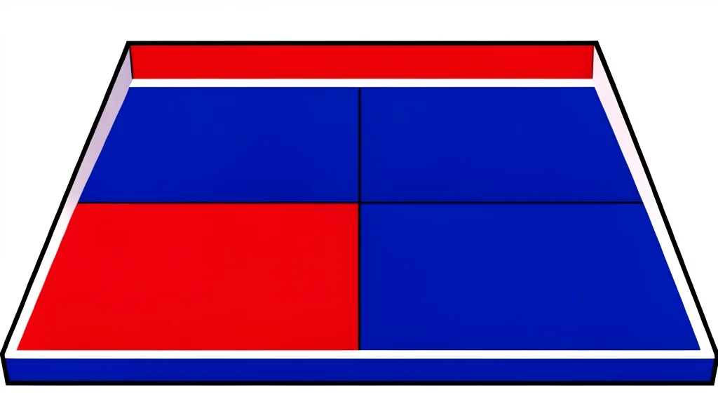 A high school wrestling mat divided into red and blue sections.