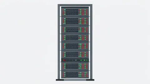 A server rack with blinking status lights