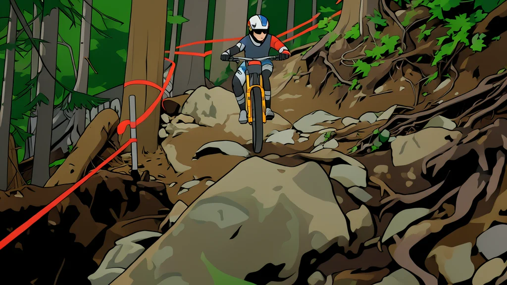 A steep, rocky mountain trail winding through a dense forest with exposed tree roots and loose gravel