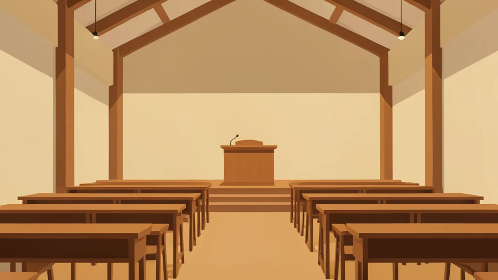 A minimalist vector illustration of a university lecture hall with rows of wooden desks and a podium.
