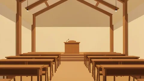 A minimalist vector illustration of a university lecture hall with rows of wooden desks and a podium.