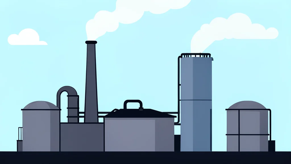 A stylized vector illustration of an industrial oil refinery with smokestacks and storage tanks.