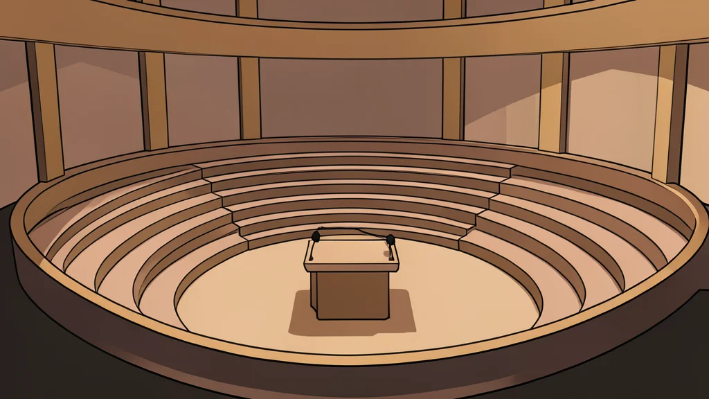 A flat vector illustration of a large circular assembly hall with tiered seating and a central podium.