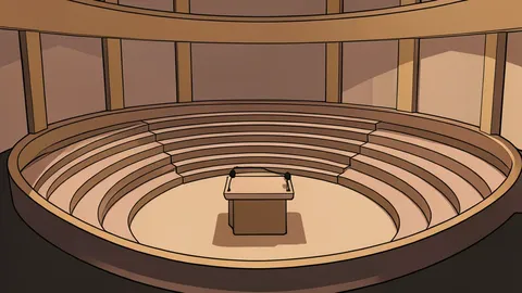 A flat vector illustration of a large circular assembly hall with tiered seating and a central podium.