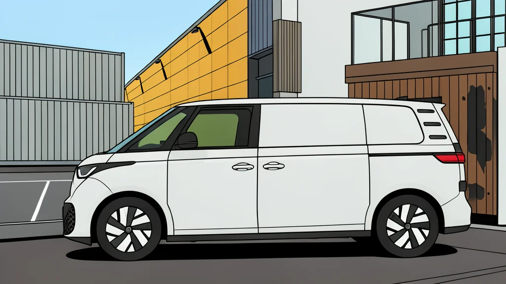 A white electric cargo van with a sliding side door and a wooden floor visible in the open load compartment