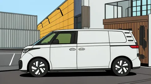 A white electric cargo van with a sliding side door and a wooden floor visible in the open load compartment