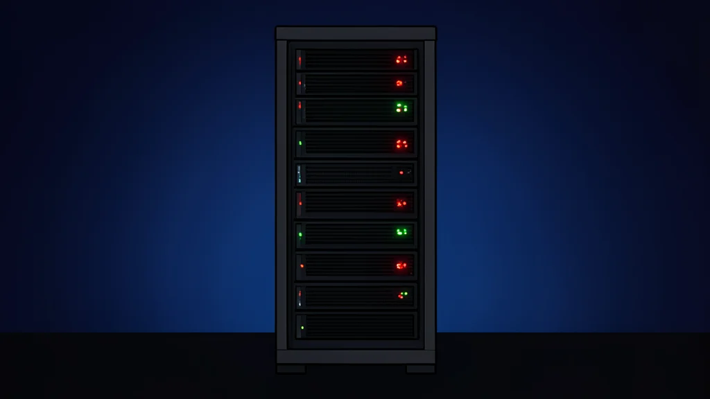 A server rack with blinking status lights in a dimly lit data center
