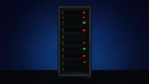 A server rack with blinking status lights in a dimly lit data center