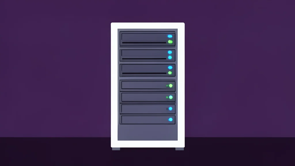 A white server rack with blinking status lights in a dimly lit room