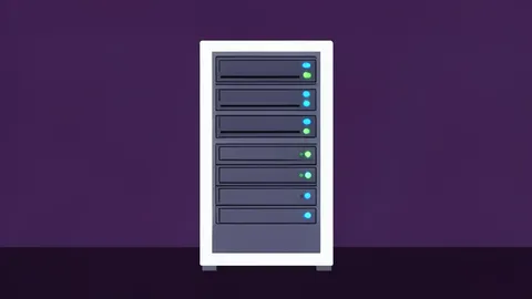 A white server rack with blinking status lights in a dimly lit room