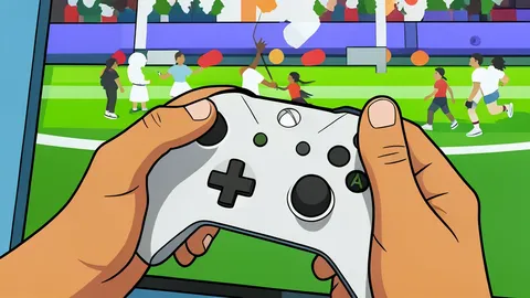 A flat-vector illustration of a video game controller resting on a desk next to a gaming console.