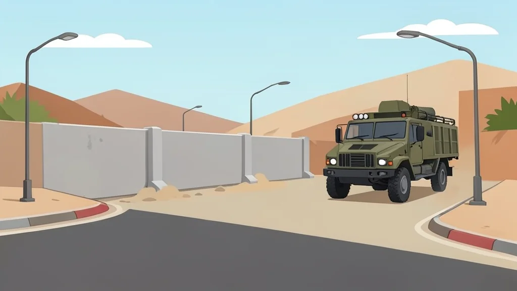 A dusty intersection in the West Bank with a concrete checkpoint barrier and a military vehicle