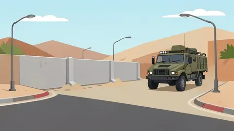 A dusty intersection in the West Bank with a concrete checkpoint barrier and a military vehicle