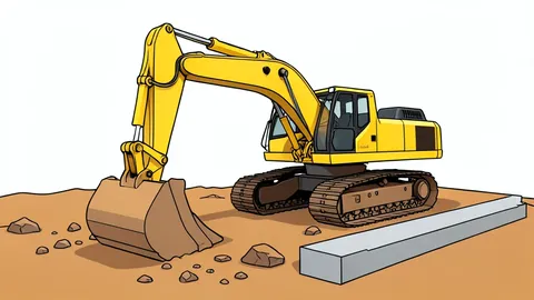 A flat vector illustration of a construction site with heavy machinery and concrete foundations in a dry, hilly landscape.