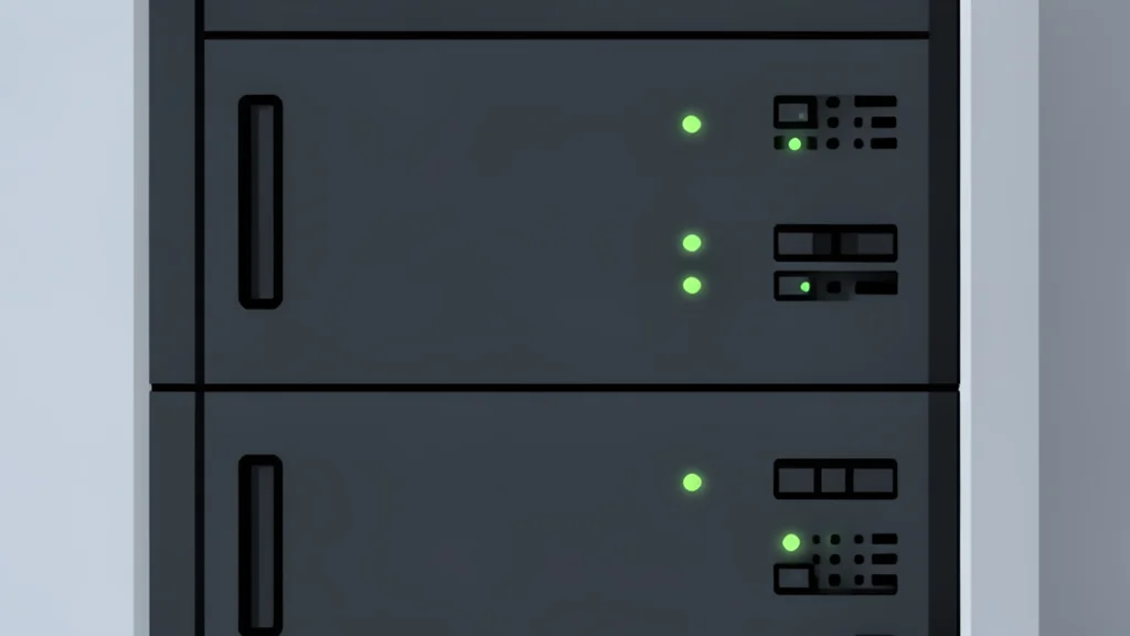 A modern server rack with blinking status lights