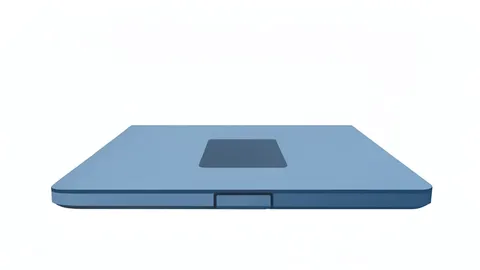 A sleek, modern laptop with a visible hinge and touchpad sits on a clean white surface.