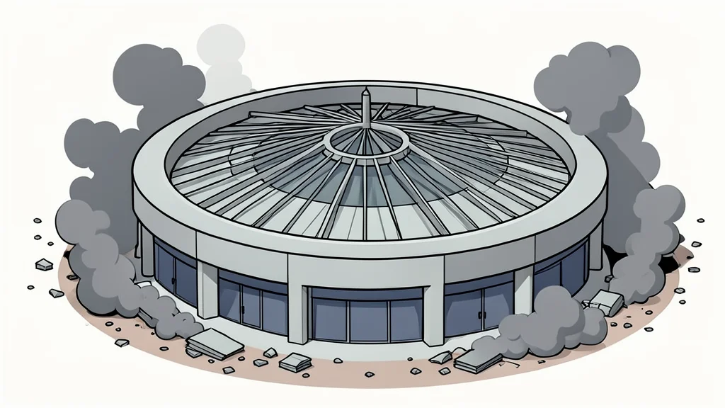 A modernist circular indoor market structure with a distinctive roof, surrounded by smoke and debris