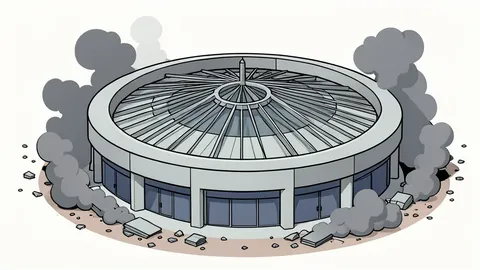A modernist circular indoor market structure with a distinctive roof, surrounded by smoke and debris