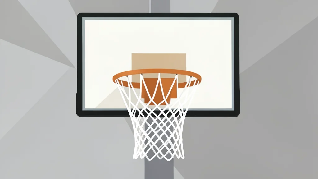 A wooden basketball hoop with a white net hanging from a backboard in an indoor arena