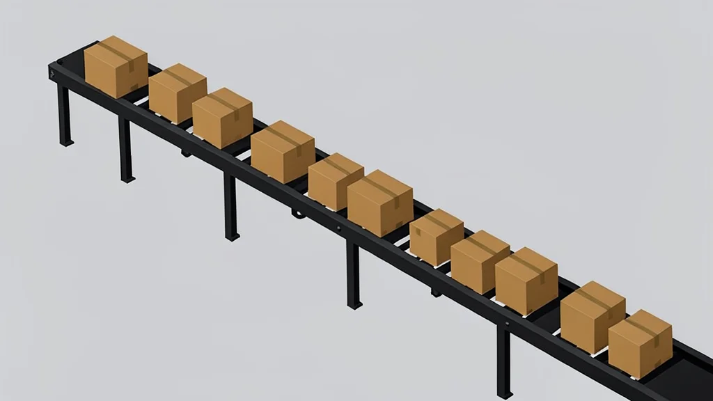 A schematic view of an automated warehouse conveyor system moving cardboard boxes.