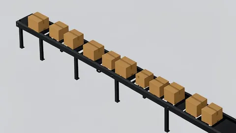 A schematic view of an automated warehouse conveyor system moving cardboard boxes.