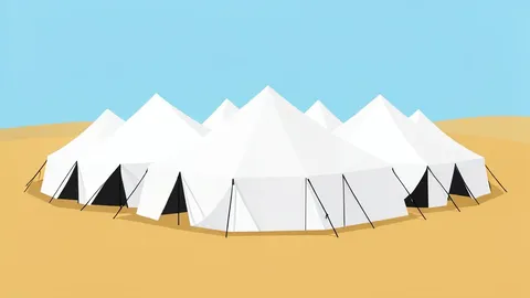 A cluster of white canvas tents in a sandy field