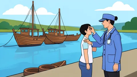 A river port with wooden boats and a health worker taking a passenger's temperature