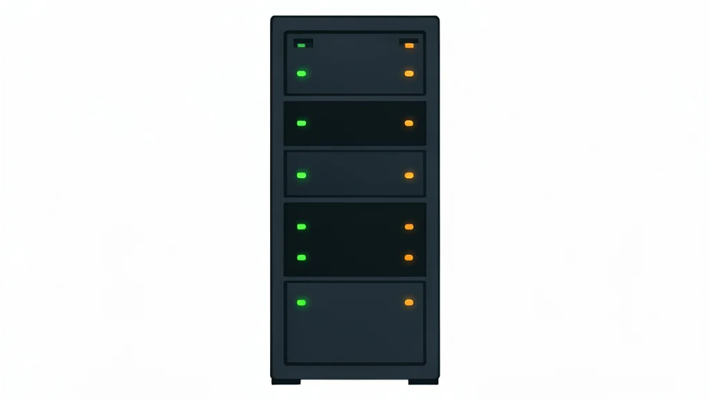 A flat vector illustration of a server rack with blinking status lights.