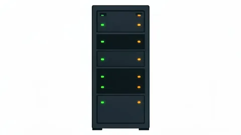 A flat vector illustration of a server rack with blinking status lights.