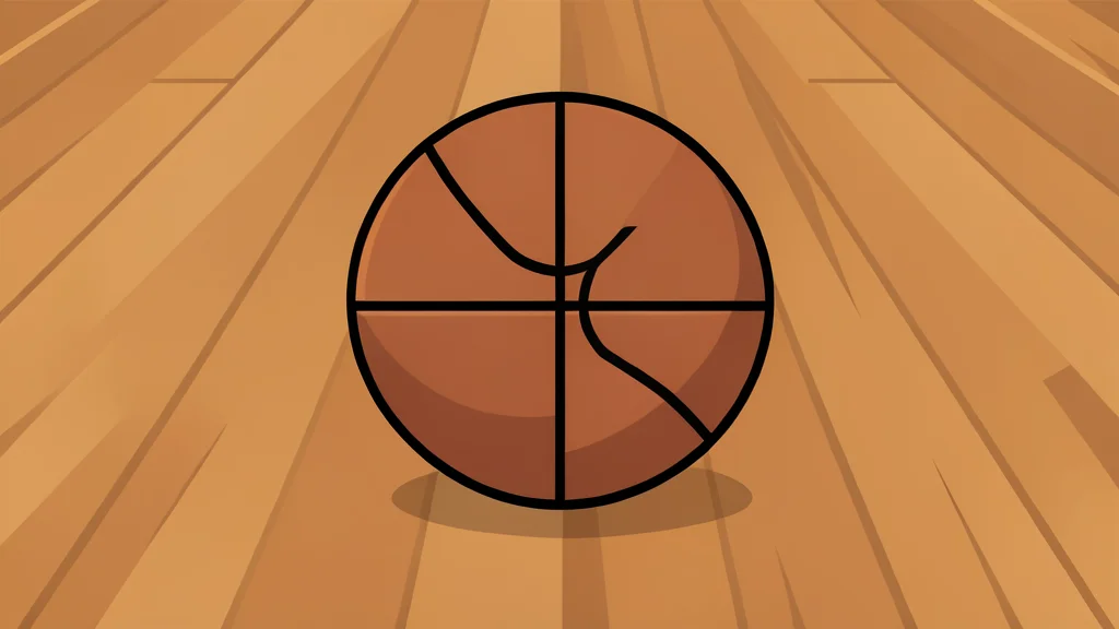 A wooden basketball resting on a polished hardwood court floor