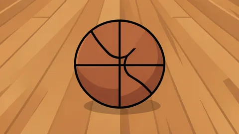 A wooden basketball resting on a polished hardwood court floor