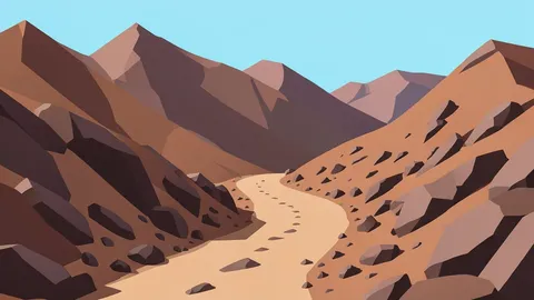 A flat vector illustration of a rugged, arid mountain border pass with a winding dirt track.