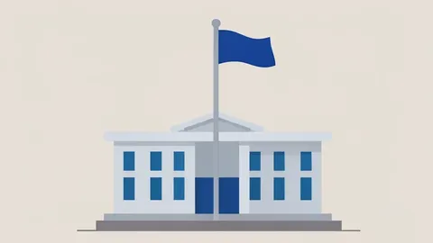 A flat vector illustration of a government office building with a flagpole.