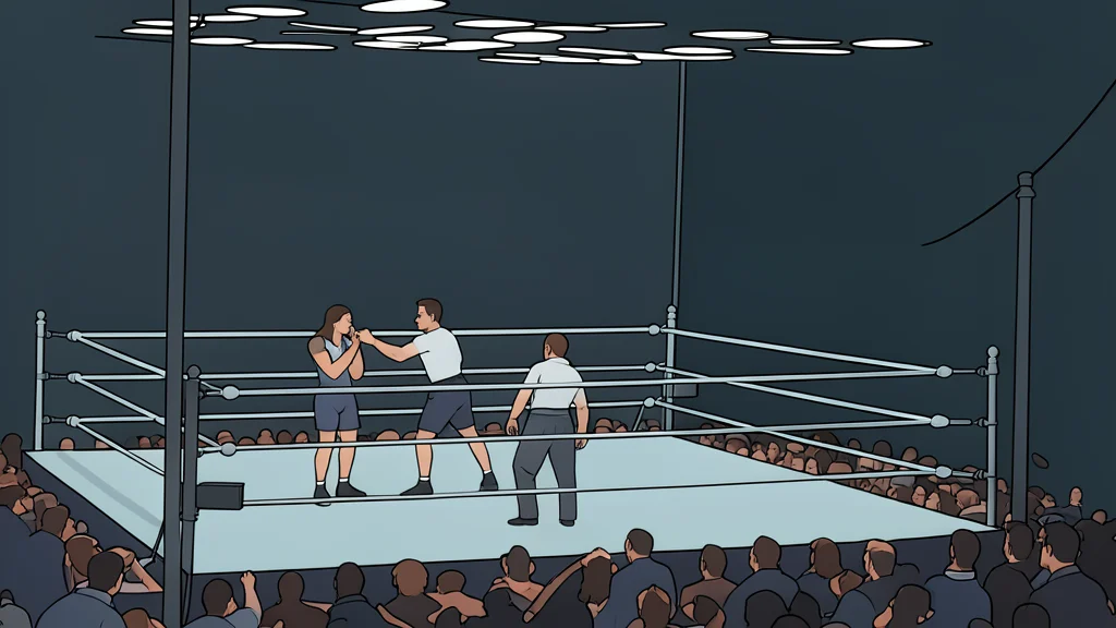 A vintage boxing ring with a wet canvas surface under an open-air stadium roof