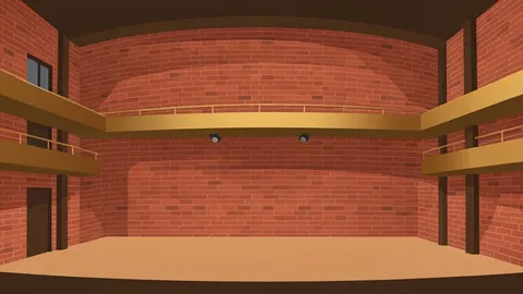 A large indoor stage with a curved brick wall and bronze balconies