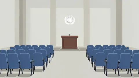 A flat vector illustration of a large assembly hall with rows of empty chairs facing a central podium.
