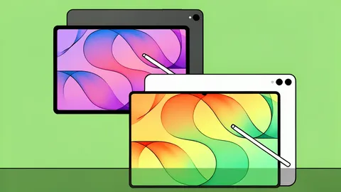 A sleek, thin tablet device with a large display and a stylus pen resting on a wooden desk