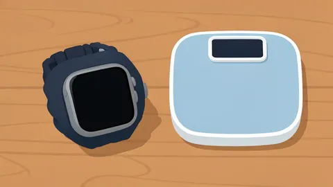 A smartwatch with an inflatable cuff on its strap resting on a wooden surface next to a digital bathroom scale.