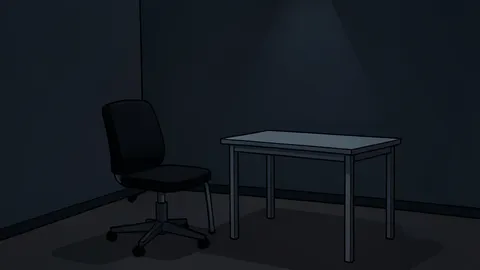 A dark, empty interrogation room featuring a single metal chair and a stark table.