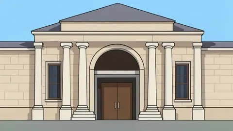 A stone building facade with a large arched entrance and columns