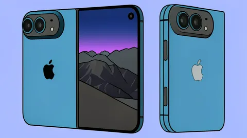 A stylized smartphone with a flexible screen in the process of folding in half