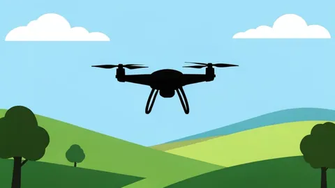 A small fixed-wing unmanned aerial vehicle hovering over a rural landscape.
